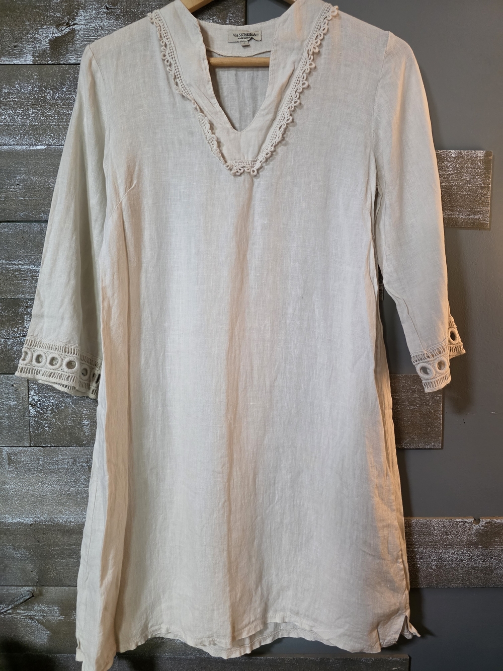 Vera Moda Women's Cream Linen Tunic with Crochet Trim